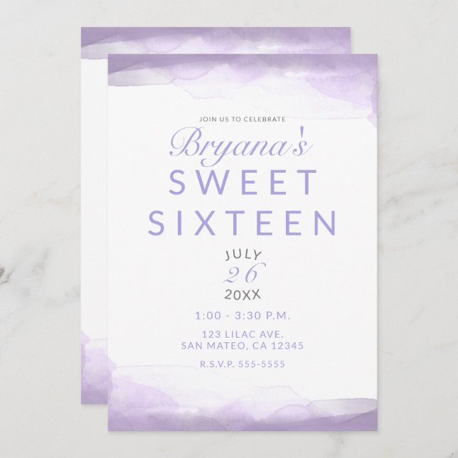 Purple Lavender Watercolor Modern Chic Sweet 16 Invitation (Front/Back)