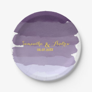 Purple lavender watercolor ombre stripes wedding paper plate