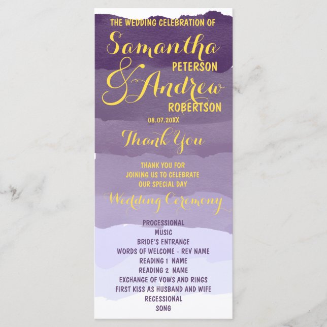Purple lavender watercolor ombre Wedding Program (Front)