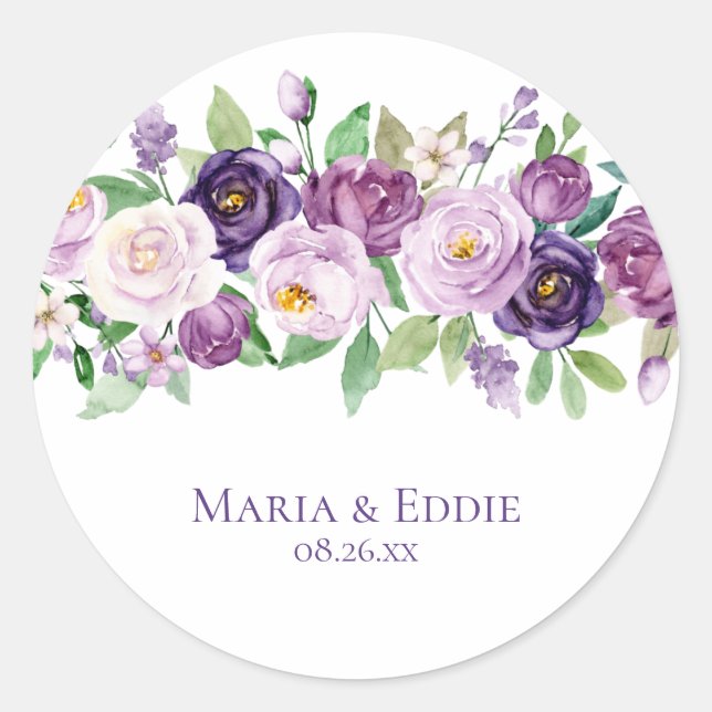 Purple & Lavender Watercolor Roses Wedding Classic Round Sticker (Front)