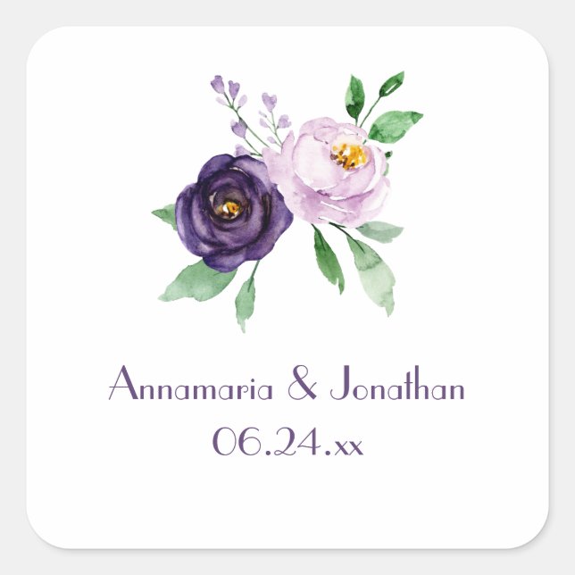 Purple & Lavender Watercolor Roses Wedding Date Square Sticker (Front)