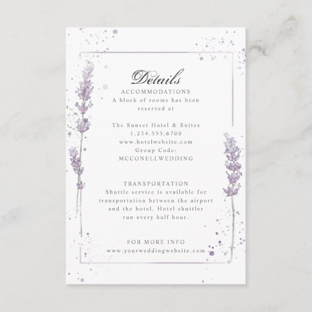 Purple lavender wedding reception details enclosure card (Front)
