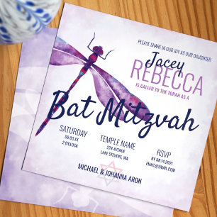 Purple, Lavender Whimsical Dragonfly Bat Mitzvah Invitation