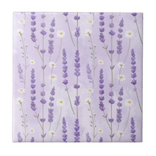 Purple Lavender & White Daisies on Pastel Lilac Ceramic Tile