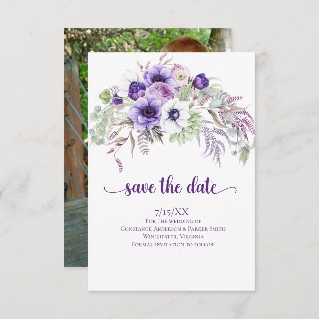 Purple Lavender White Floral Photo Save the Date (Front/Back)