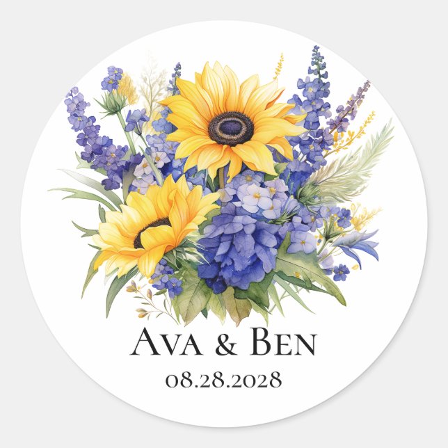 Purple Lavender with Sunflowers Wedding Classic Round Sticker (Front)