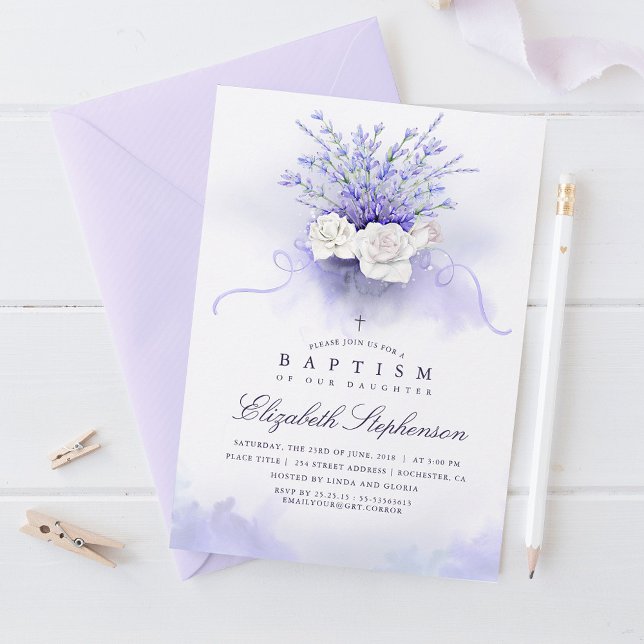 Purple Lavenders Floral Baptism Invitation (Creator Uploaded)