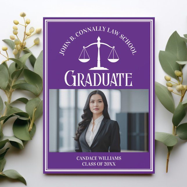 Purple Law School Photo Custom Graduation Announcement (Creator Uploaded)