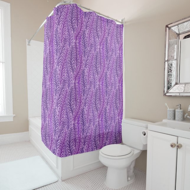 Purple leaf print, shower curtain (In Situ)