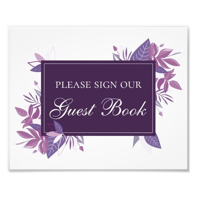 Purple leaves guest book sign. Botanical wedding Photo Print (Front)