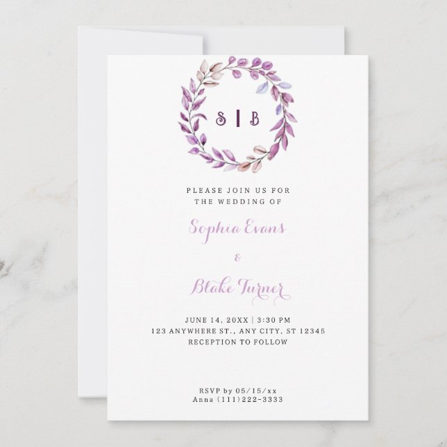 Purple Leaves Monogrammed Wreath White Wedding Invitation (Front)