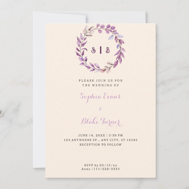 Purple Leaves Monogrammed Wreath Yellow Wedding Invitation (Front)