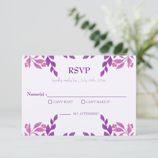 Purple Leaves Wedding Theme RSVP Card (Standing Front)