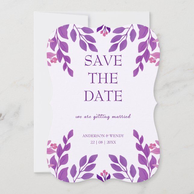 Purple Leaves Wedding Theme Save The Date (Front)