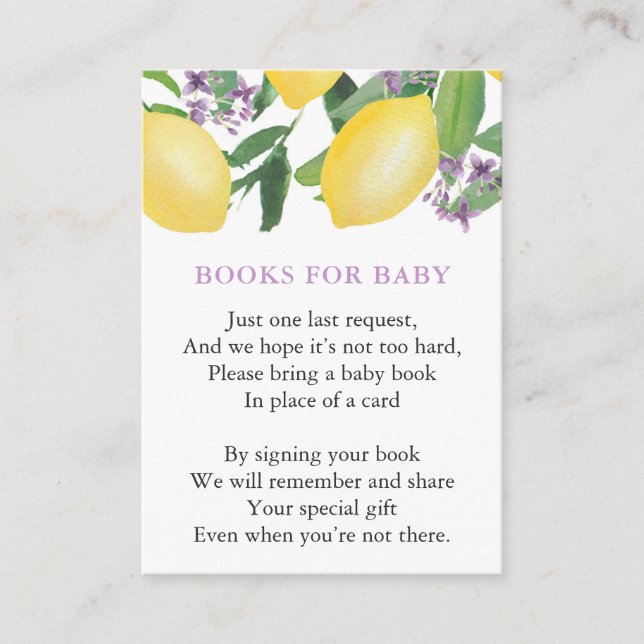 Purple Lemons Baby Girl Bring a Book Baby Shower Enclosure Card (Front)