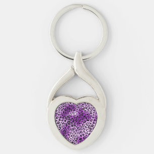 Purple Leopard Heart Animal Print Metal Keychain