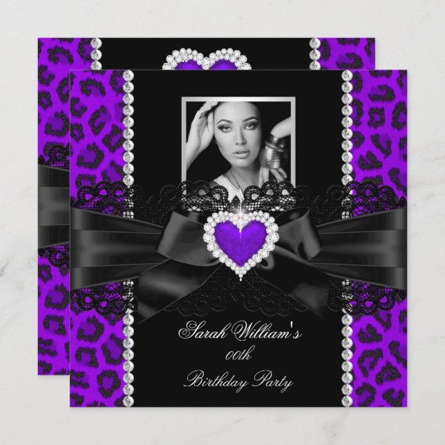 Purple Leopard Lace Heart Photo Birthday Party 2 Invitation (Front/Back)