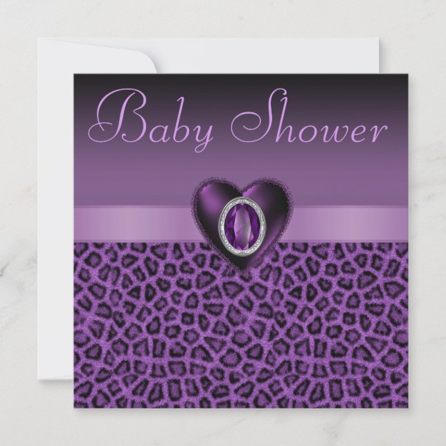 Purple Leopard Print  & Bling Heart Baby Shower Invitation (Front)