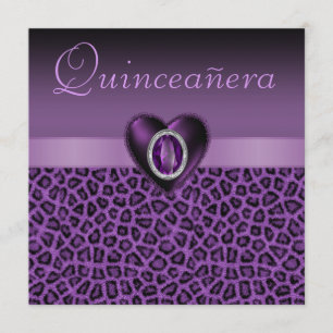 Purple Leopard Print & Bling Hearts Quinceanera Invitation