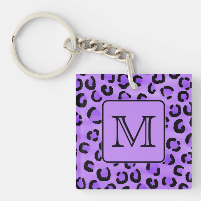 Purple Leopard Print Custom Monogram. Key Ring (Front)