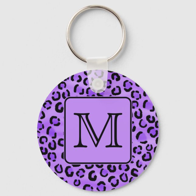 Purple Leopard Print Custom Monogram. Key Ring (Front)