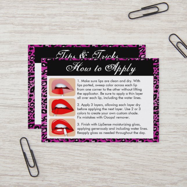 Purple Leopard Print - Lip Colour Apply & Tips Business Card (Front/Back In Situ)