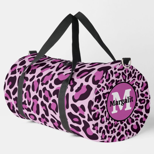 Purple Leopard Print Monogram Large Duffel Bag (Left Corner)