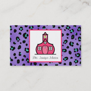 Purple Leopard Print Pink Schoolhouse Teacher Business Card