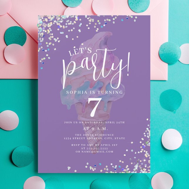 Purple Let's Party Rainbow Ice Cream Birthday Invitation (Creator Uploaded)