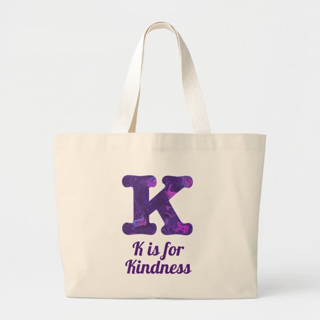 Purple Letter K is for Kindness Monogram Large Tote Bag (Front)