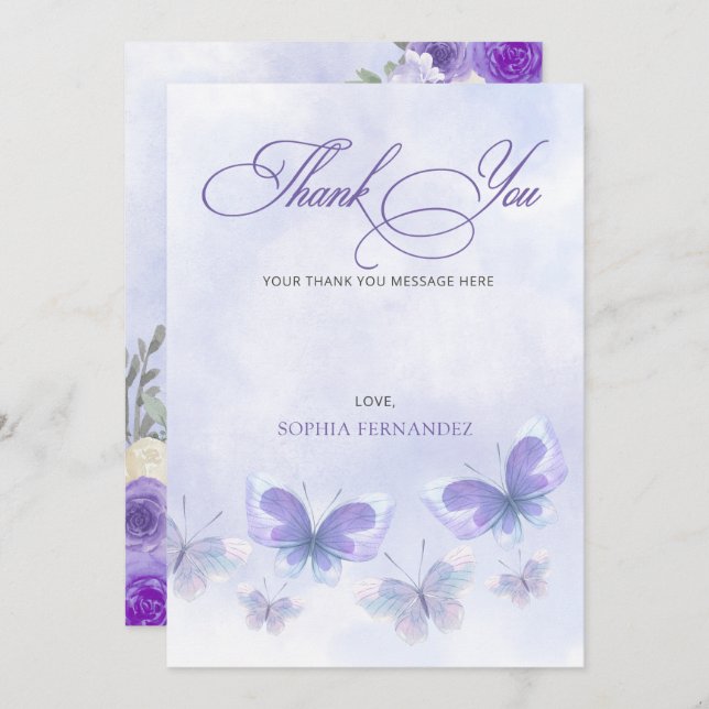 Purple Lifetime of Butterflies Bridal Shower  Thank You Card (Front/Back)