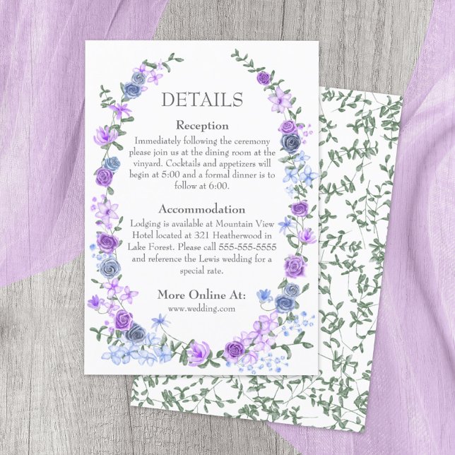 Purple Light Blue Rose Garden Vine Wedding Details Enclosure Card (purple, lavender, dusty blue mixed floral patterns, rose vines, bouquets wedding details enclosure )