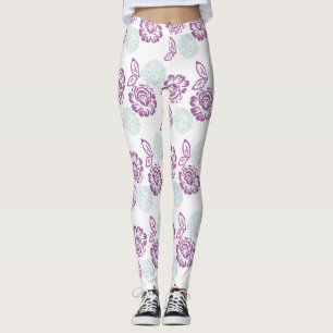Purple & Light Blue Roses Pattern Leggings