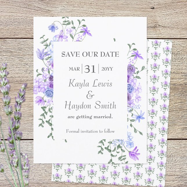 Purple & Light Blue Roses Wedding Save the Date Invitation (lavender and dusty blue floral SAVE OUR DATE wedding card for a light purple springtime theme)