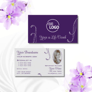 Purple Light Grey Chic Ornate with Logo and Photo Business Card