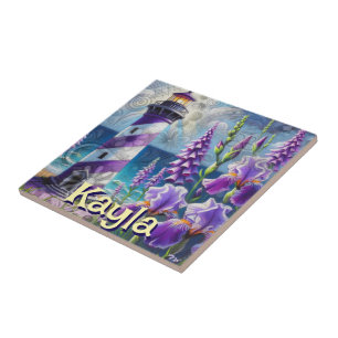 Purple Lighthouse w/Foxglove & Iris Personalised Ceramic Tile