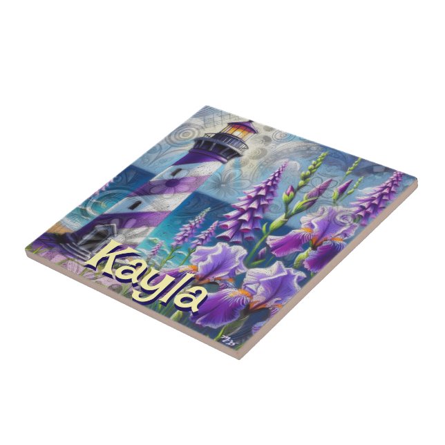 Purple Lighthouse w/Foxglove & Iris Personalised Ceramic Tile (Side)