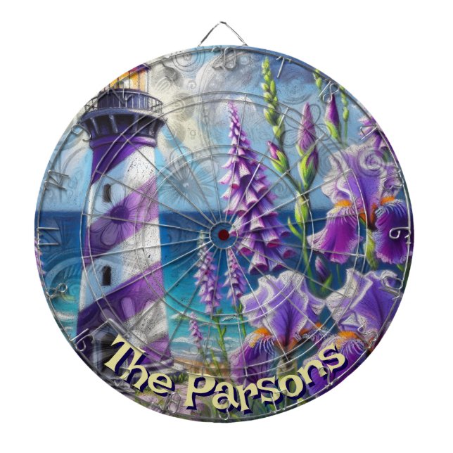 Purple Lighthouse w/Foxglove & Iris Personalised Dartboard (Front)
