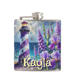 Purple Lighthouse w/Foxglove & Iris Personalised Hip Flask