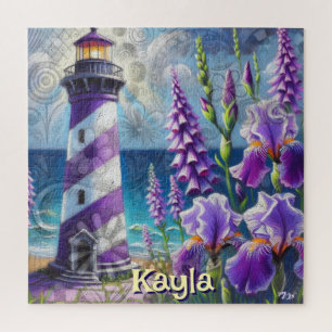 Purple Lighthouse w/Foxglove & Iris Personalised Jigsaw Puzzle