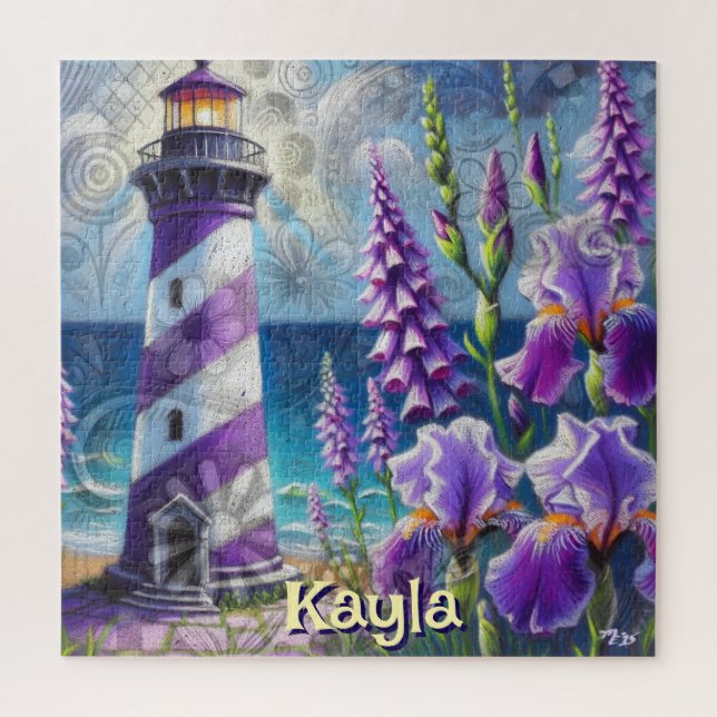 Purple Lighthouse w/Foxglove & Iris Personalised Jigsaw Puzzle (Vertical)