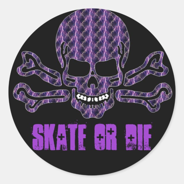 purple lightning skull and crossbones classic round sticker (Front)