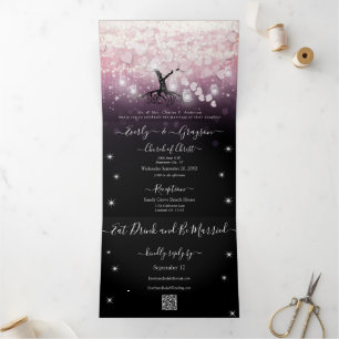 Purple Lights Blush Pink Heart Leaf Wedding Tri-Fold Invitation