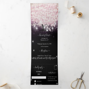 Purple Lights Blush Pink Heart Leaf Wedding Tri-Fold Invitation
