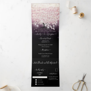 Purple Lights Blush Pink Heart Leaf Wedding Tri-Fold Invitation