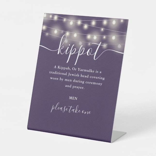 Purple Lights Jewish Wedding Kippot Yarmulke Pedestal Sign (Front)