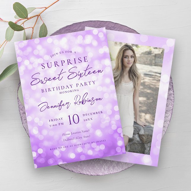 Purple Lights Photo SURPRISE Sweet 16   Invitation (Purple Lights Photo SURPRISE Sweet 16 Invitation)