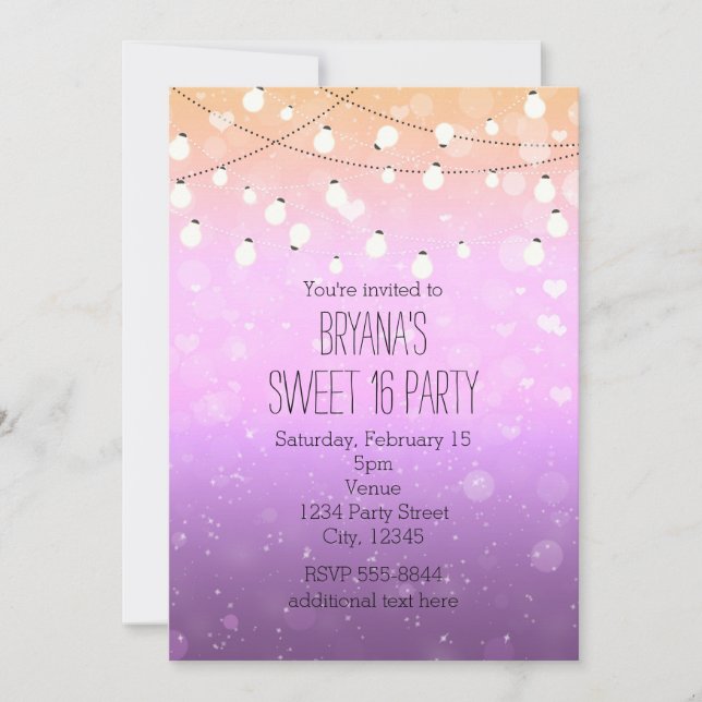 Purple Lights Sparkle Sweet 16 Party Invitations (Front)