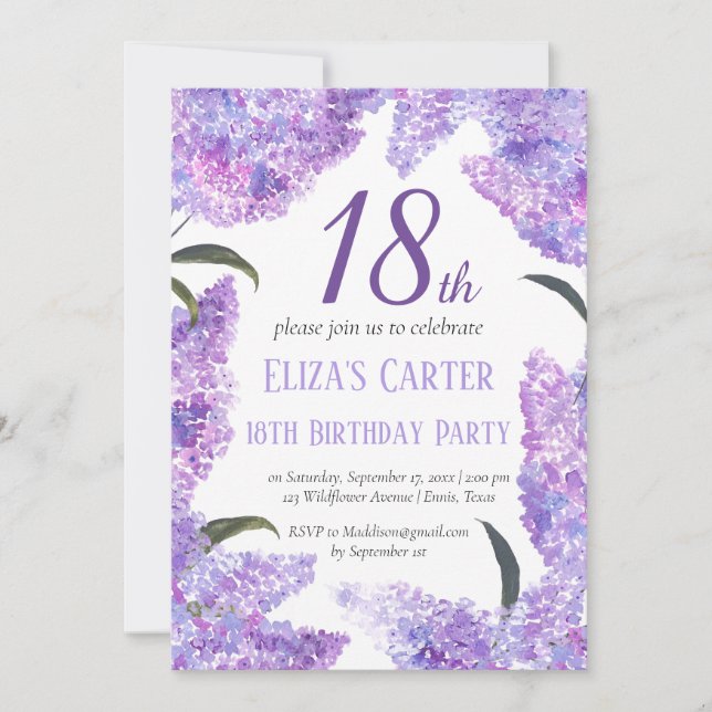 Purple Lilac 18th Floral Elegant Birthday  Invitation (Front)