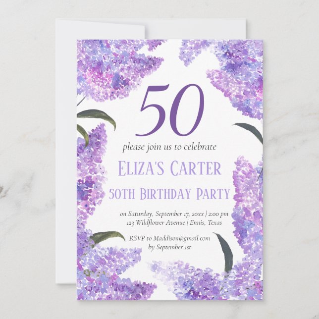 Purple Lilac 50th Birthday Wildflower Birthday  Invitation (Front)